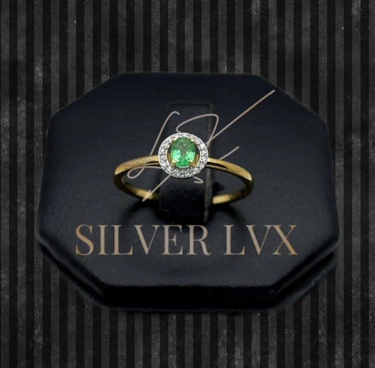 Anillo Solitario Con Diamante Natural Y Esmeralda Oro 14K