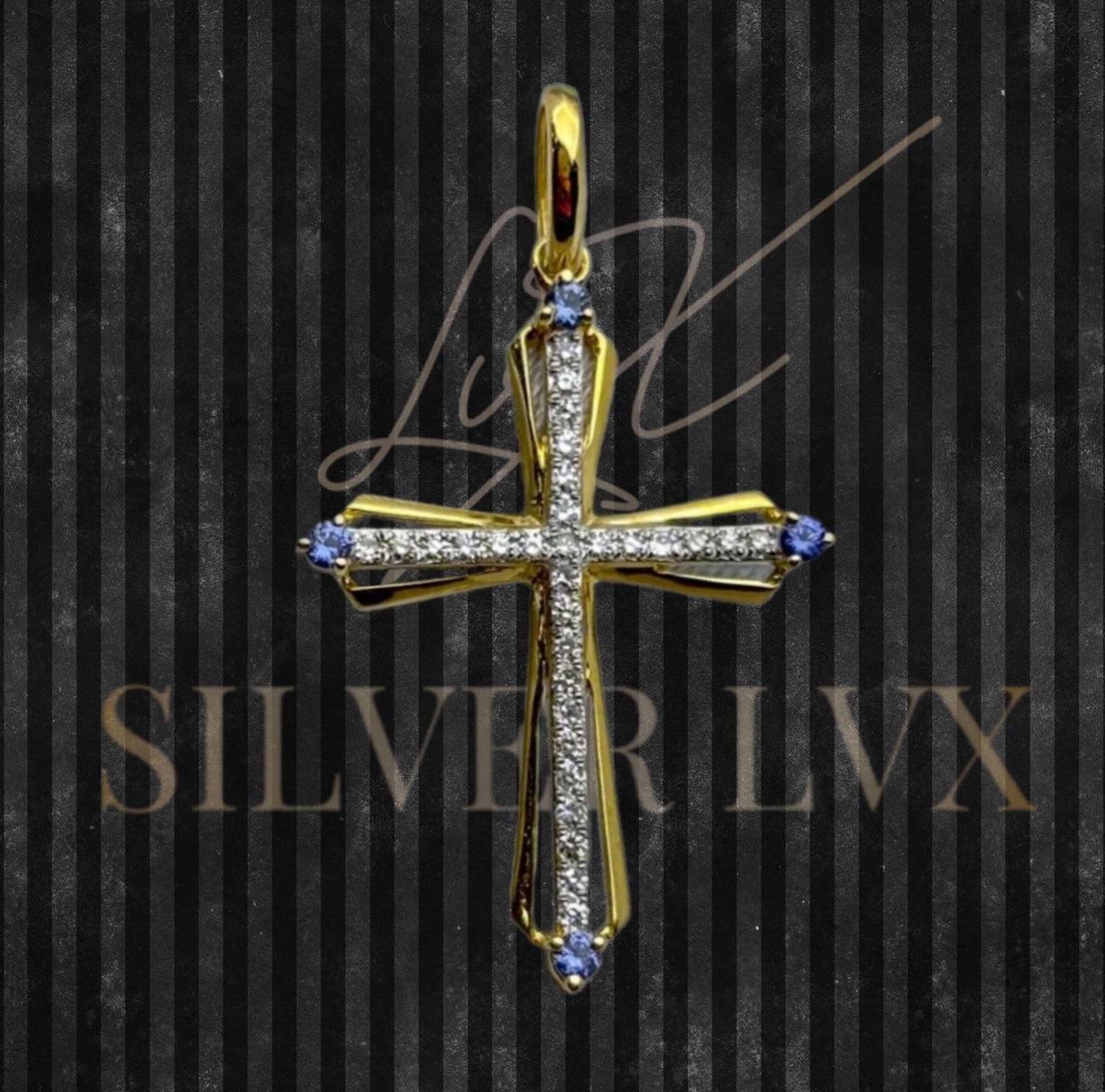 Dije Cruz Con Diamante Natural Y Zafiros Oro 14K