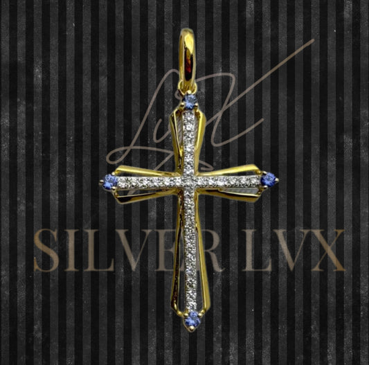 Dije Cruz Con Diamante Natural Y Zafiros Oro 14K