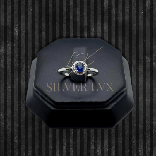 Anillo Solitario Con Diamante Natural Y Zafiro Oro Blanco 14K